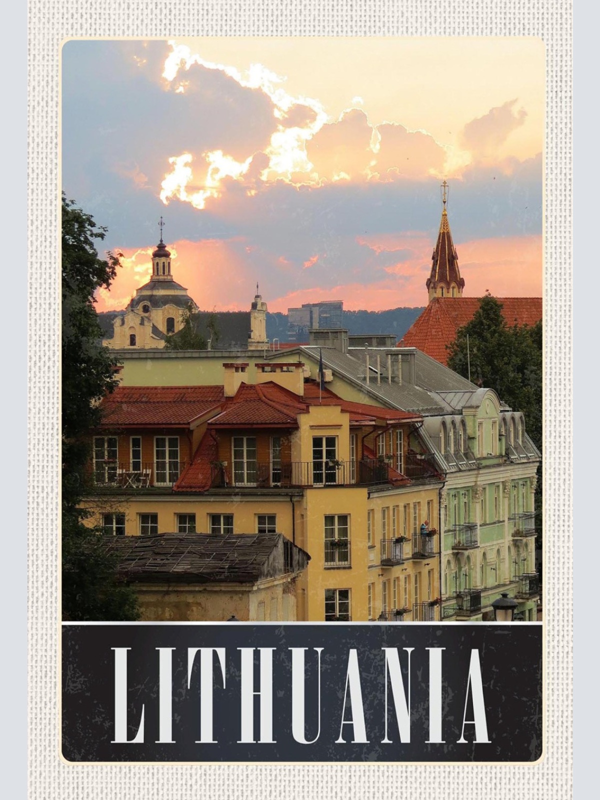 Schild Spruch Lithuania Litauen Kirchen Abendrot Stadtansicht JW