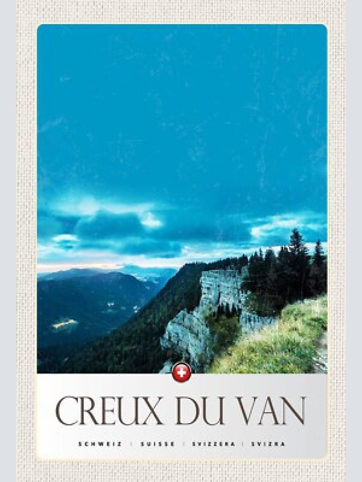 Schild spruch creux du van switzerland schweiz berge felswand wald jw