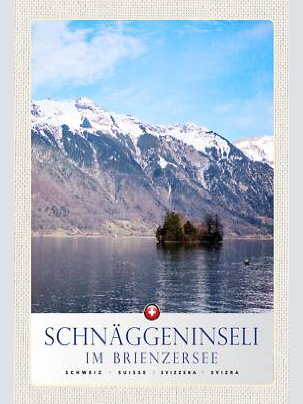 Schild spruch schnäggeninseli im brienzersee switzerland schweiz berge see jw