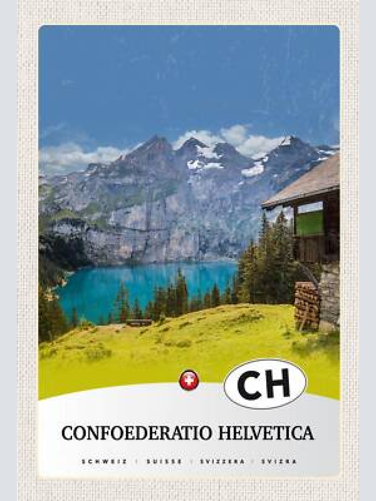 Schild spruch confoederatio helvetica switzerland schweiz berge see hütte jw