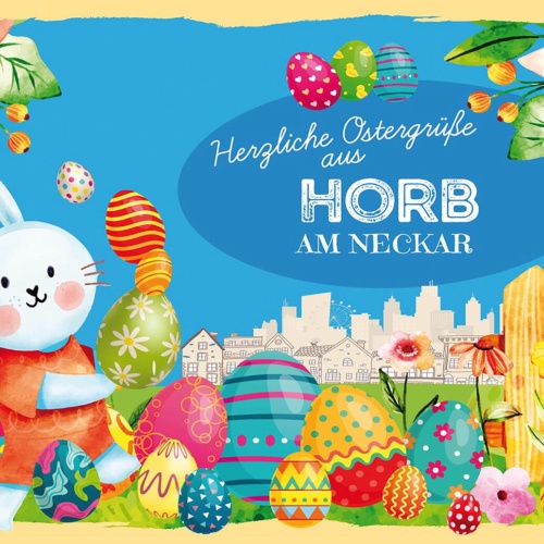Schild Spruch Herzliche Ostergrüße aus Horb am Neckar Osterhase Eier Comic JW
