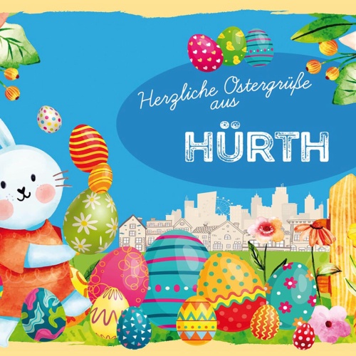 Schild Spruch Herzliche Ostergrüße aus Hürth Osterhase Eier Comic JW