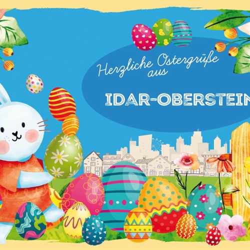 Schild Spruch Herzliche Ostergrüße aus Idar-Oberstein Osterhase Comic JW