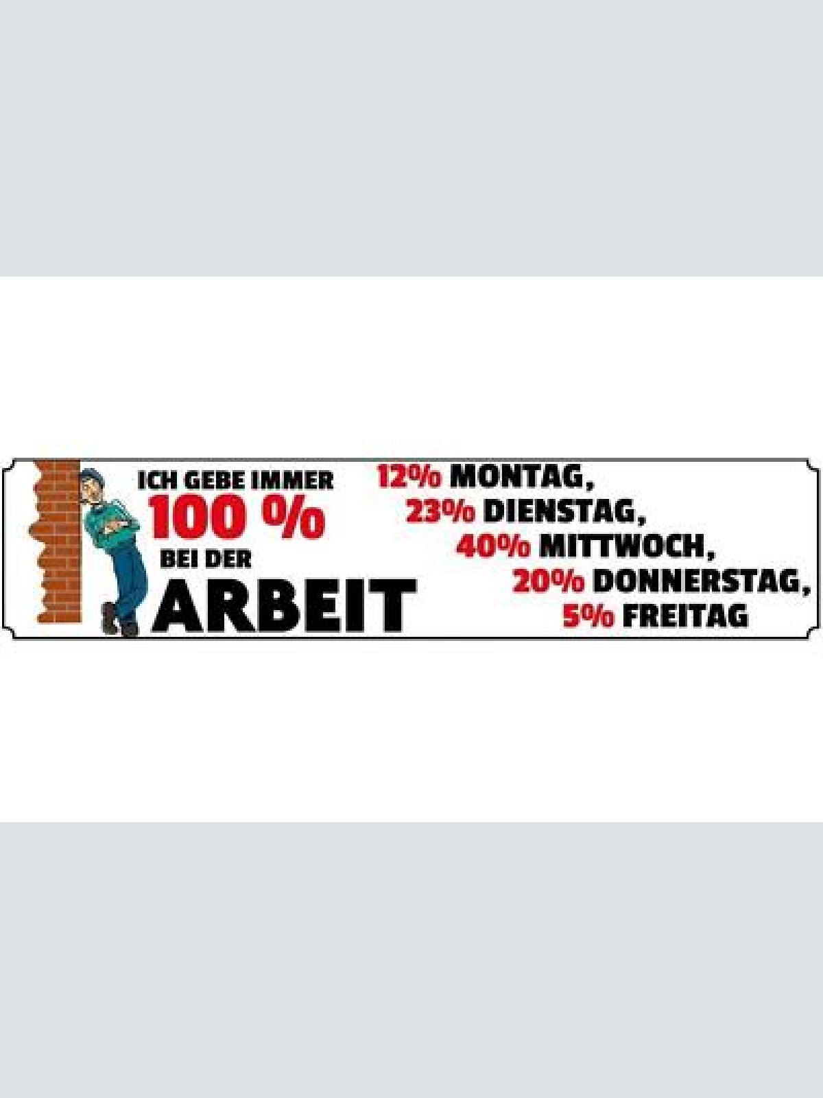 Schild 100% arbeit job angestellter freizeit woche hobby 46 x 10 blech od. holz