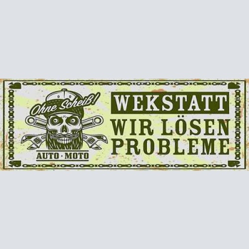 Schild werkstatt ohne scheiß wir lösen probleme auto moto 27x10 blech od.holz