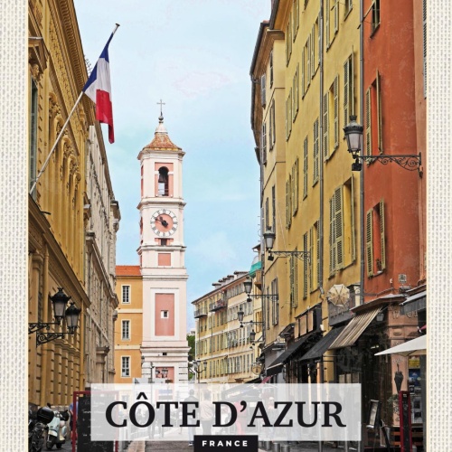 Schild Côte d’Azur France Frankreich Stadt Turm 12x18 20x0 30x40 Blech od. Holz