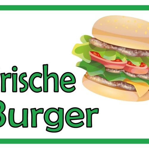 Schild Frische Burger Hamburger Fast Food 12x18 / 20x30 / 30x40 Blech od. Holz
