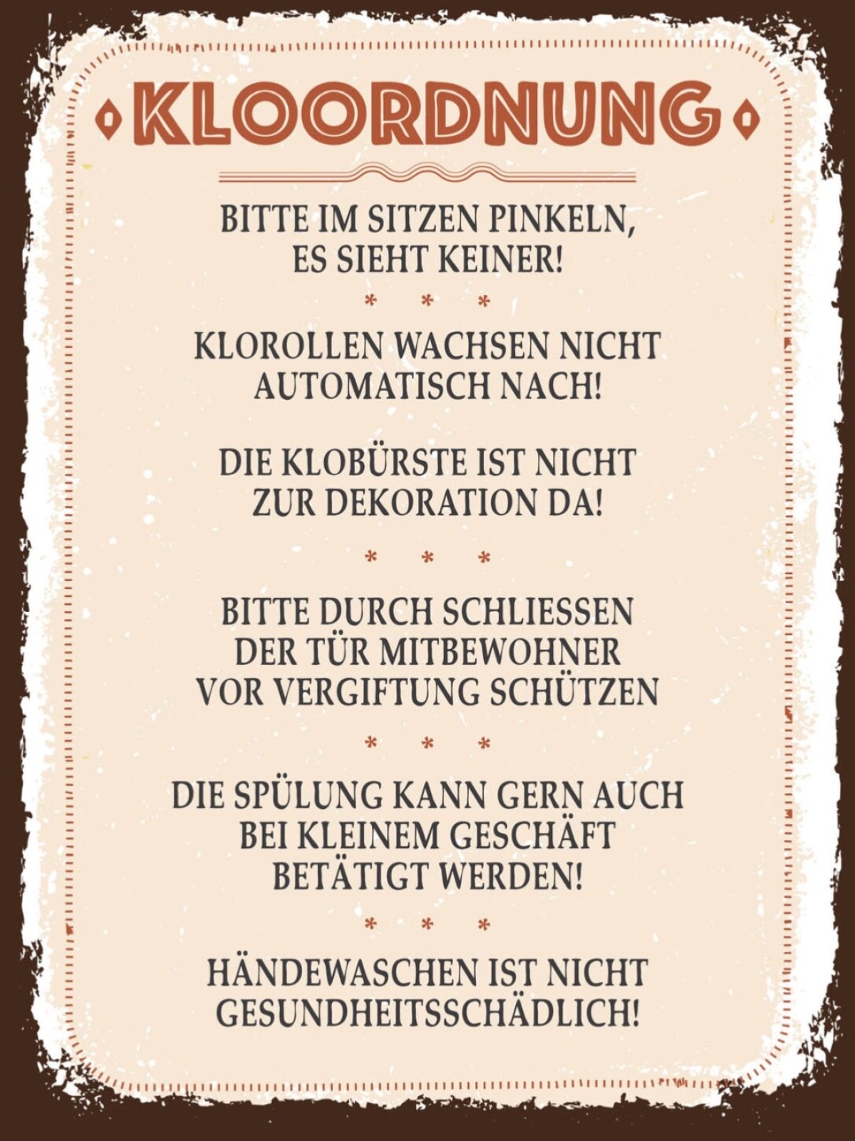 Schild Kloordnung In Sitzen Pinkeln Klorollen WC 12x18 20x30 30x40 Blech/Holz