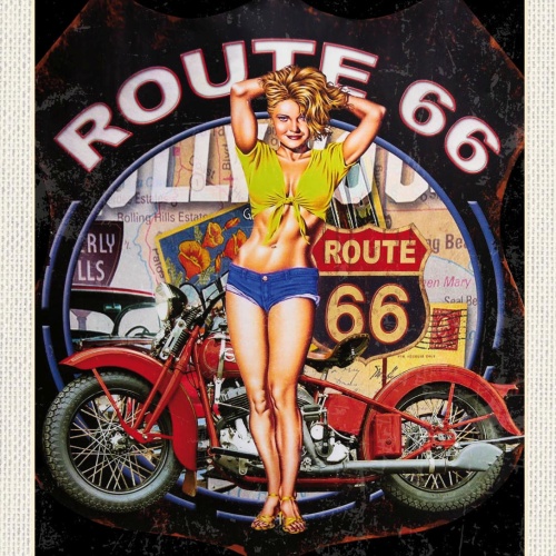 Schild Route 66 Frau Motorrad Straße Highway USA 12x18 20x30 30x40 Blech/Holz