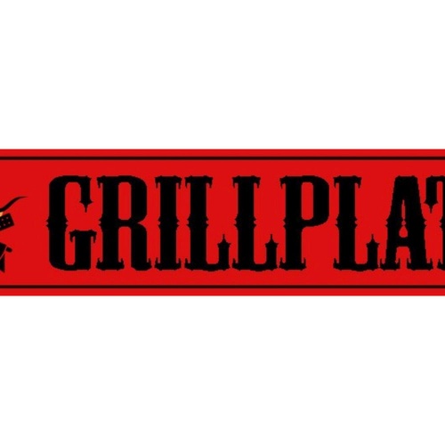 Schild Grill Platz Grillen Griller BBQ Fleisch Essen 46 x 10 Blech od. Holz
