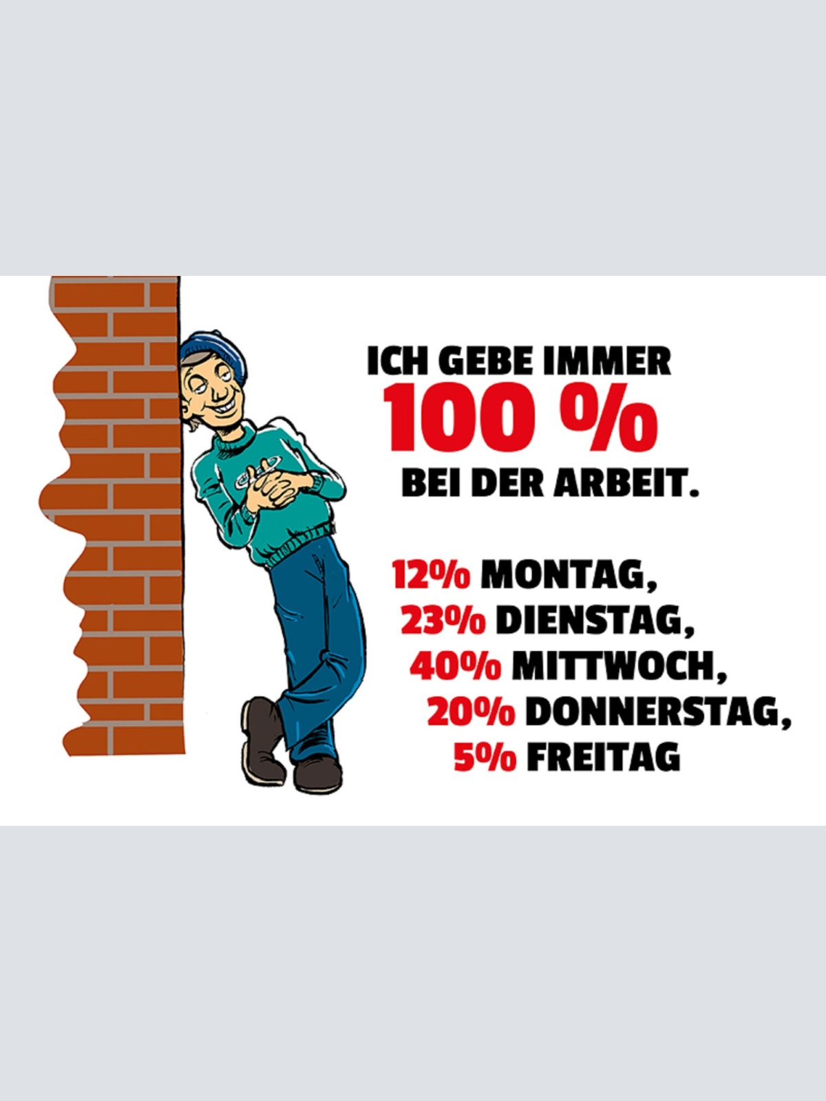 Schild Spruch Ich gebe immer 100% bei der Arbeit 12% Montag 23% Dienstag JW