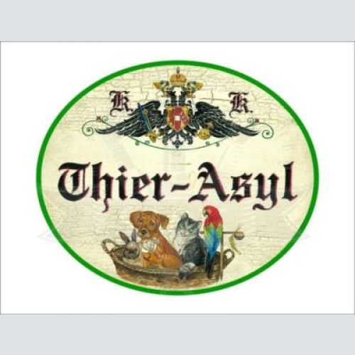 Kuk nostalgie holzschild "thier-asyl" tierasyl hund katze vogel korb