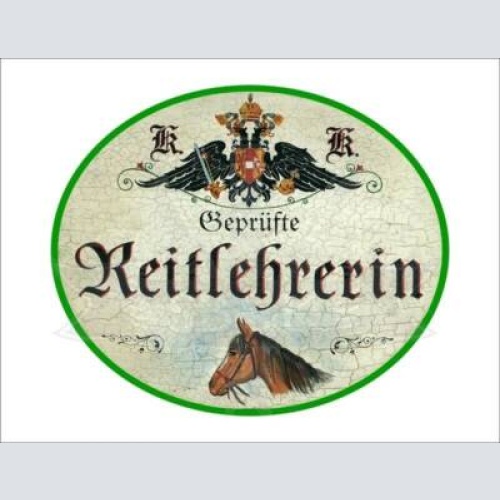 Kuk nostalgie holzschild "geprüfte reitlehrerin" pferd