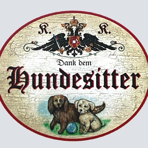 KuK Nostalgie Holzschild "Dank dem Hundesitter" Hundewelpen Ball