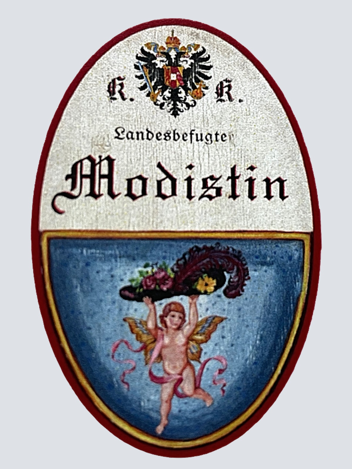 KuK Nostalgie Holzschild "Landesbefugte Modistin" Engel Hutmacherin