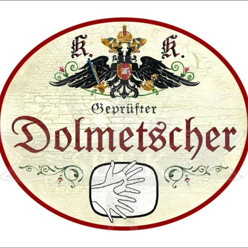 KuK Nostalgie Holzschild - Geprüfter Dolmetscher - Hände Gebärdensprache TH