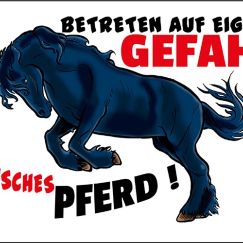 Schild Spruch Betreten auf eigene Gefahr Launisches Pferd Warnung JW