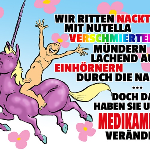 Schild Spruch Wir ritten nackt Nutella verschmiert auf Einhörnern Medikamente JW