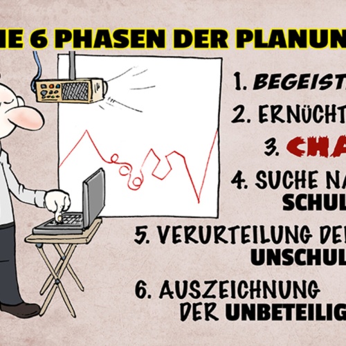 Schild Spruch Die 6 Phasen der Planung Begeisterung Chaos Büro JW
