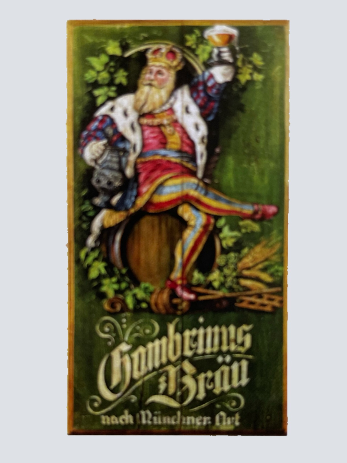 Nostalgie Holzschild Gambrinus Bräu Bier Brauerei Alkohol Fass Schild