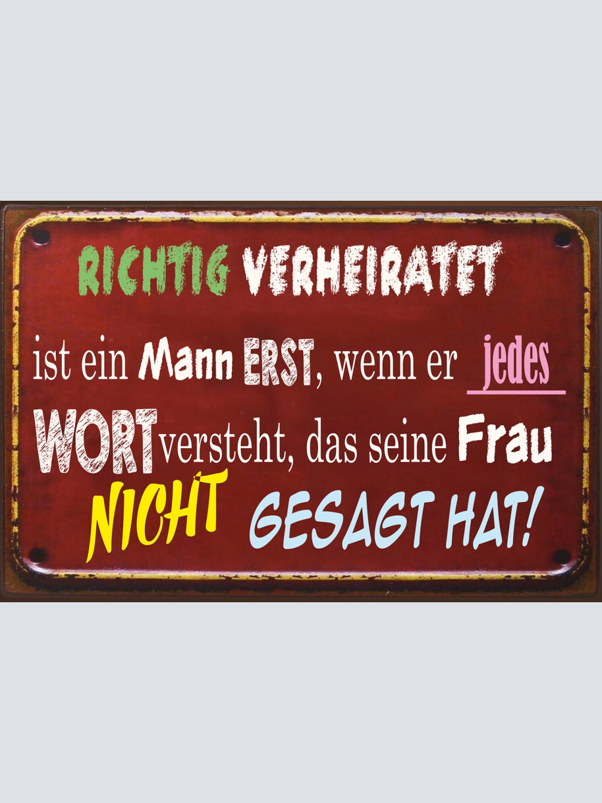 Schild Spruch Richtig verheiratet Mann jedew Wort versteht Frau nicht gesagt  JW