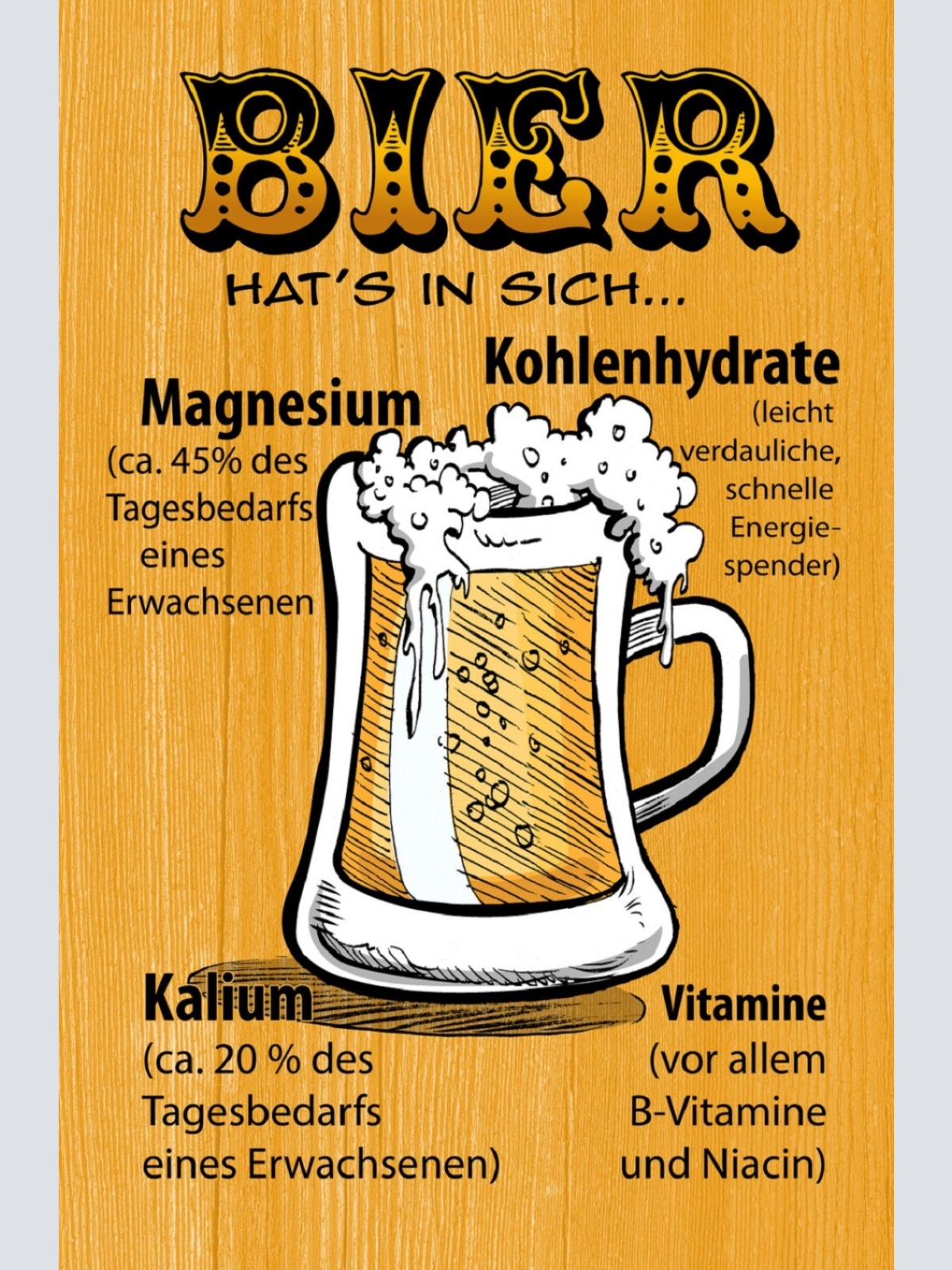 Schild Spruch Bier hatt's in sich Magnesium Kohlenhydrate Kalium Vitamine JW