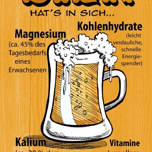 Schild Spruch Bier hatt's in sich Magnesium Kohlenhydrate Kalium Vitamine JW