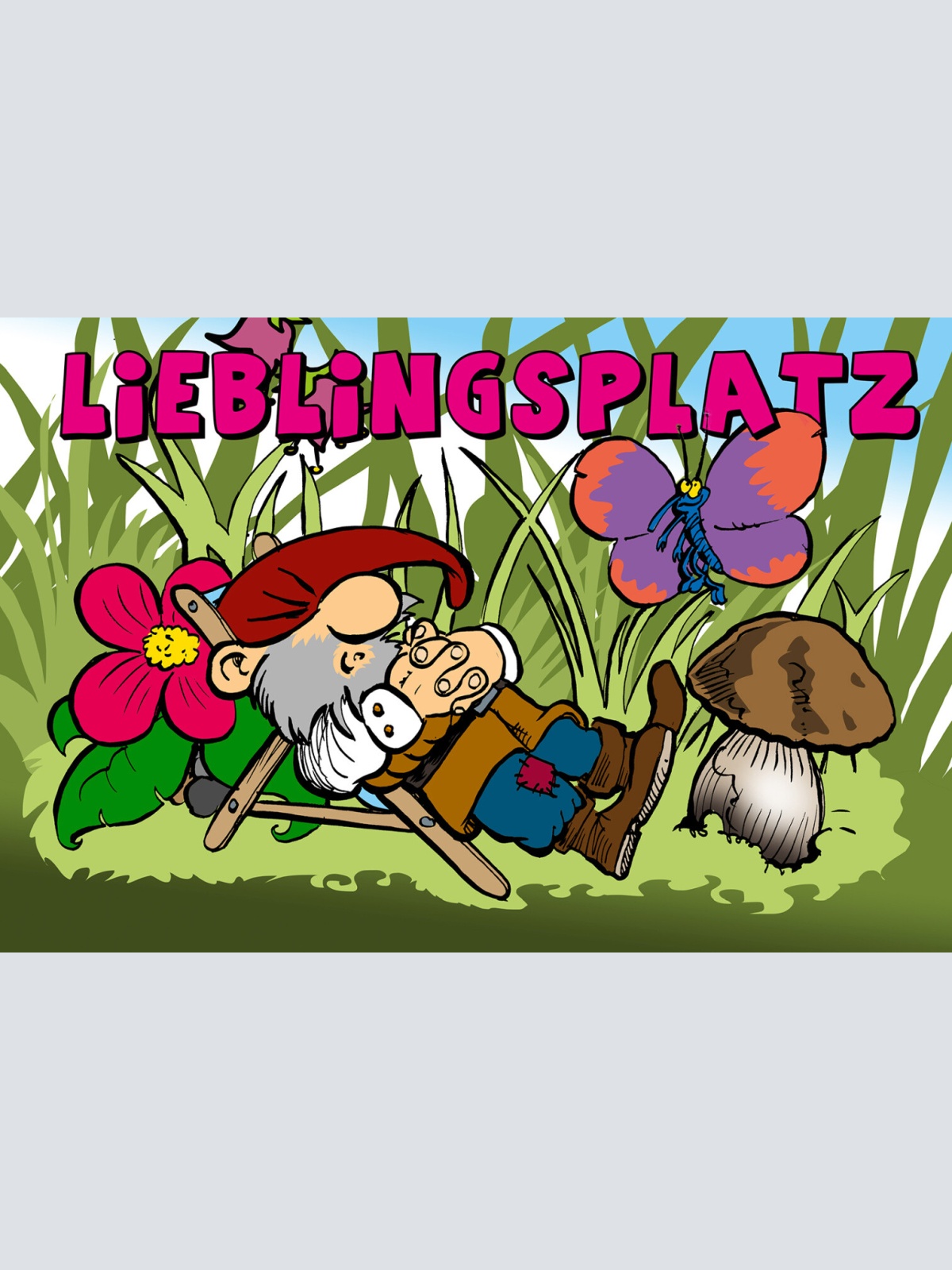 Schild Spruch Lieblingsplatz Gartenzwerg Garten Schmetterling Blumen JW