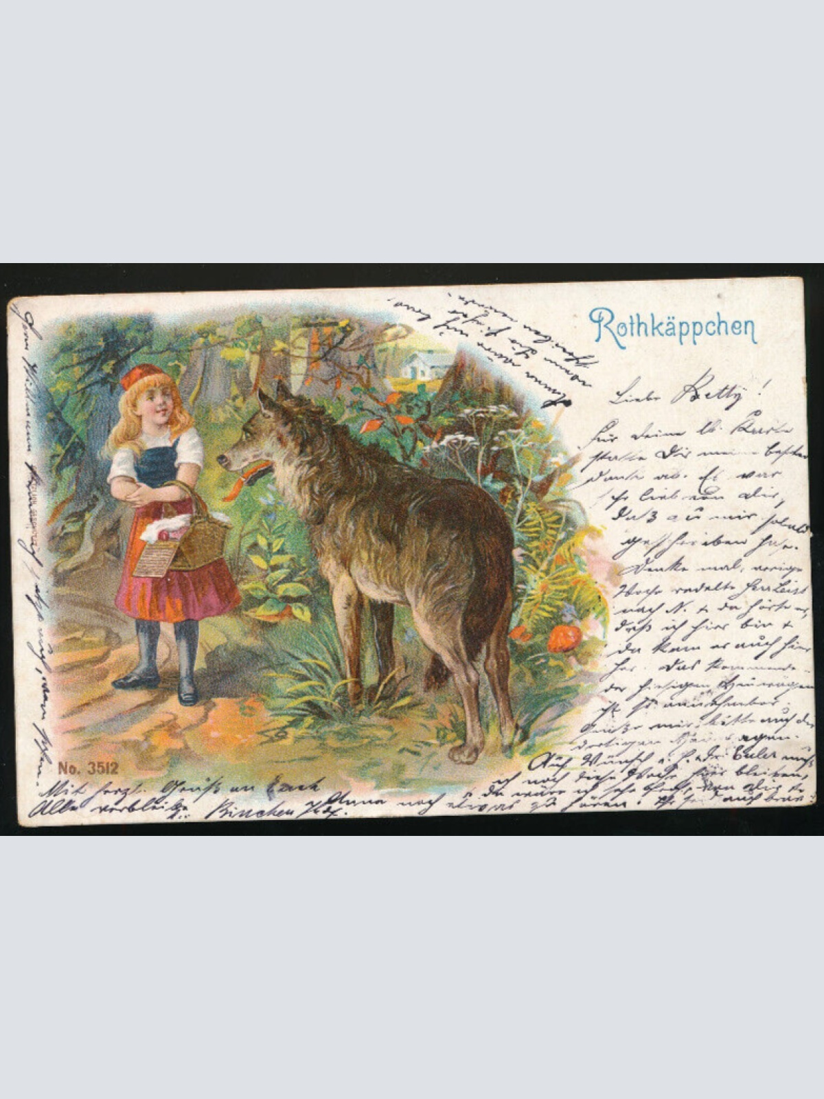 Märchen-Litho-Karte vom Rothkäppchen mit Wolf im Wald (641)
