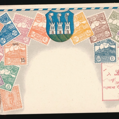 AK aus San Marino Italien mit Wappen und Briefmarken (372)