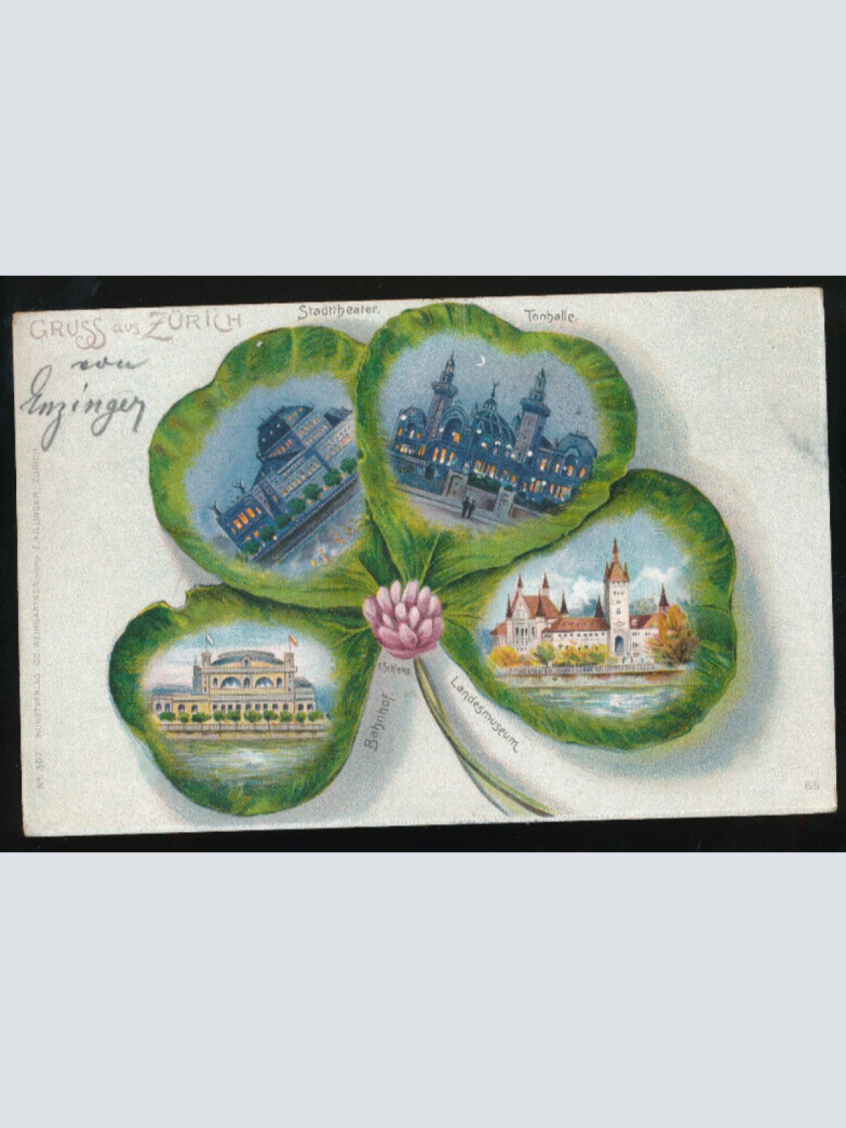 Kleeblatt-Karte gruss aus Zürich Schweitz mit Bahnhof und Landesmuseum (667)