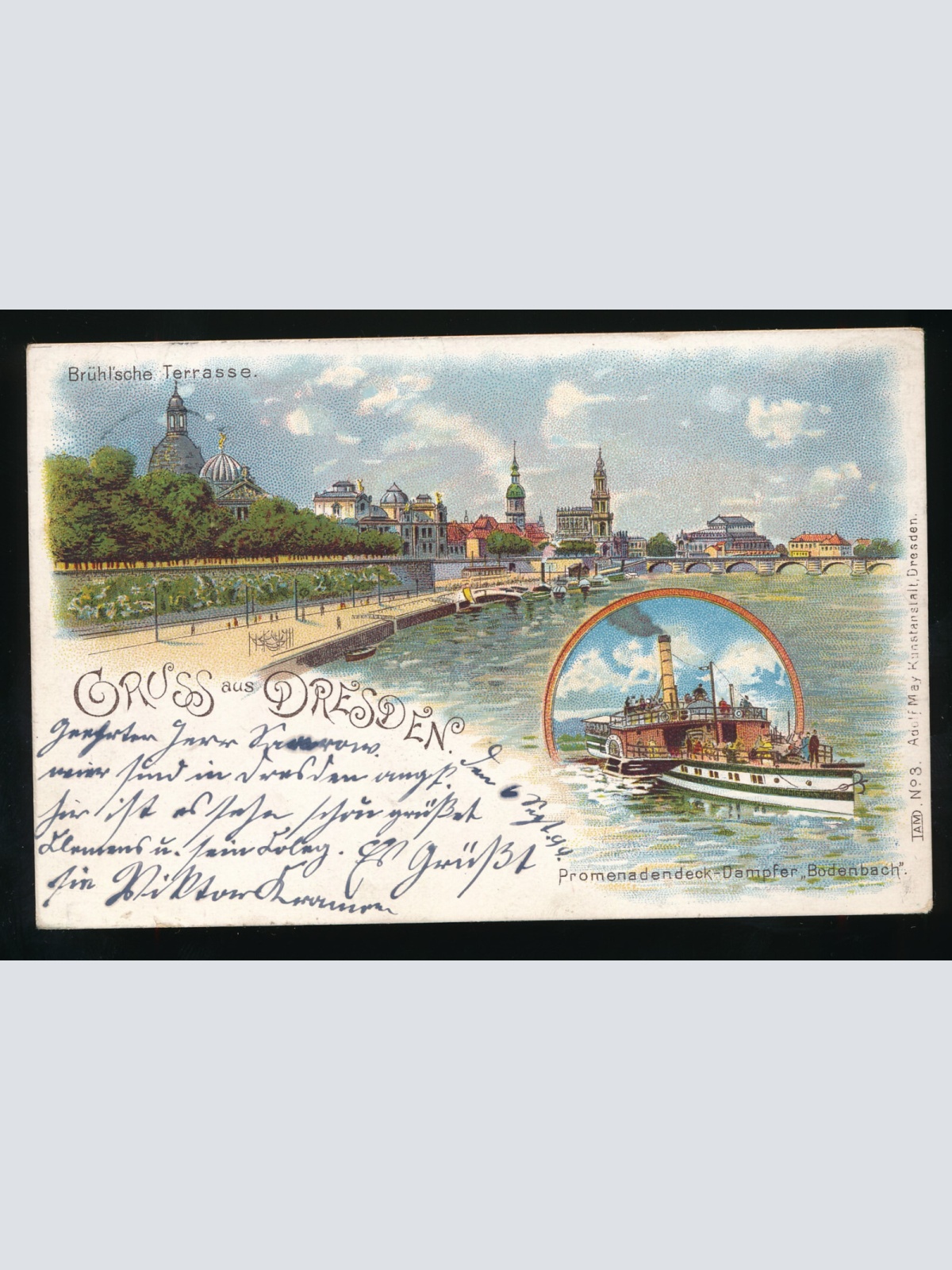 Litho - Karte aus Dresden Sachsen mit Promenadendeck Dampfer Deutschland (447)