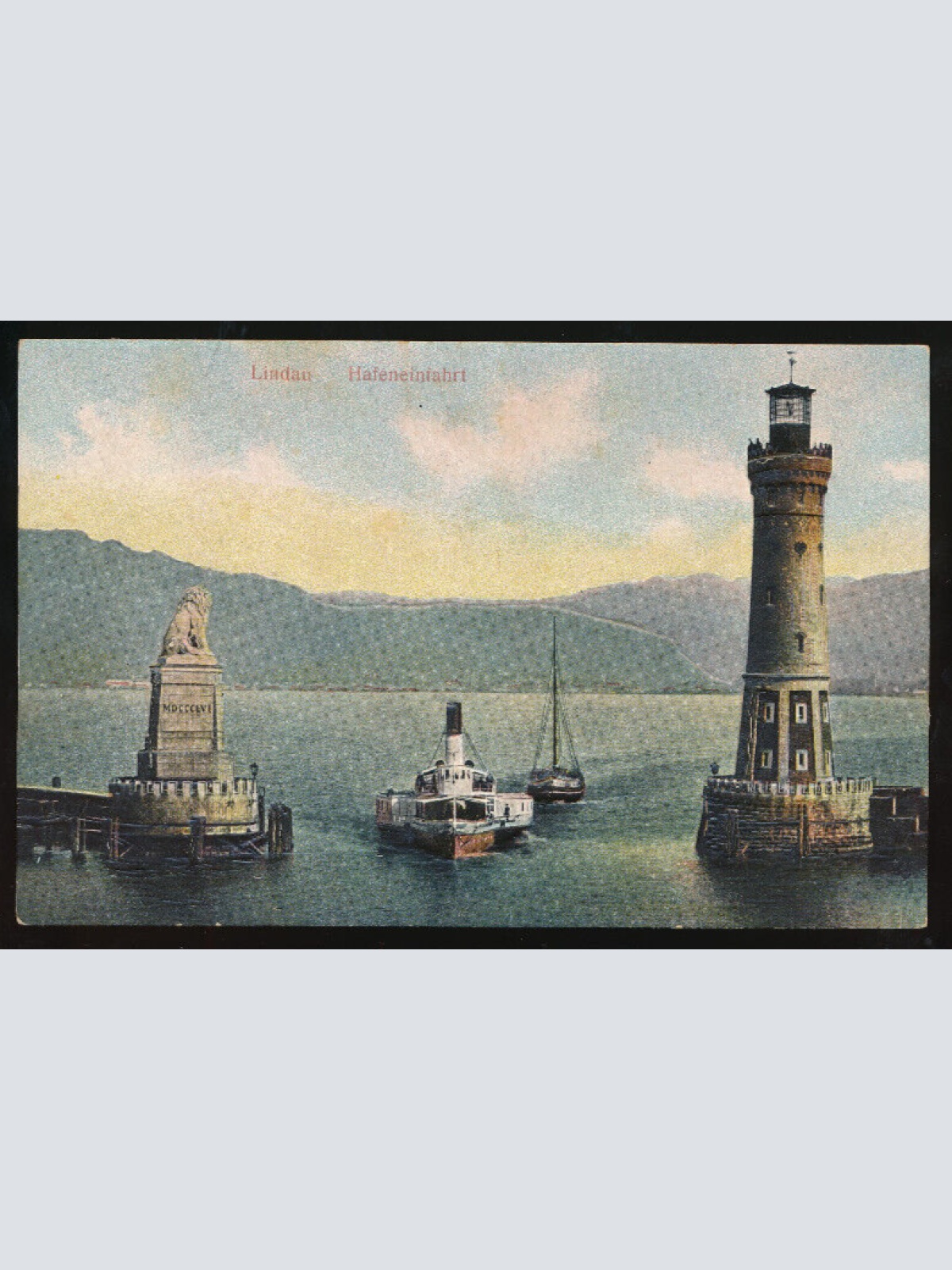 Relief - Karte aus Lindau Hafeineinfahrt mit Dampfer und Leuchtturm Bayern (631)