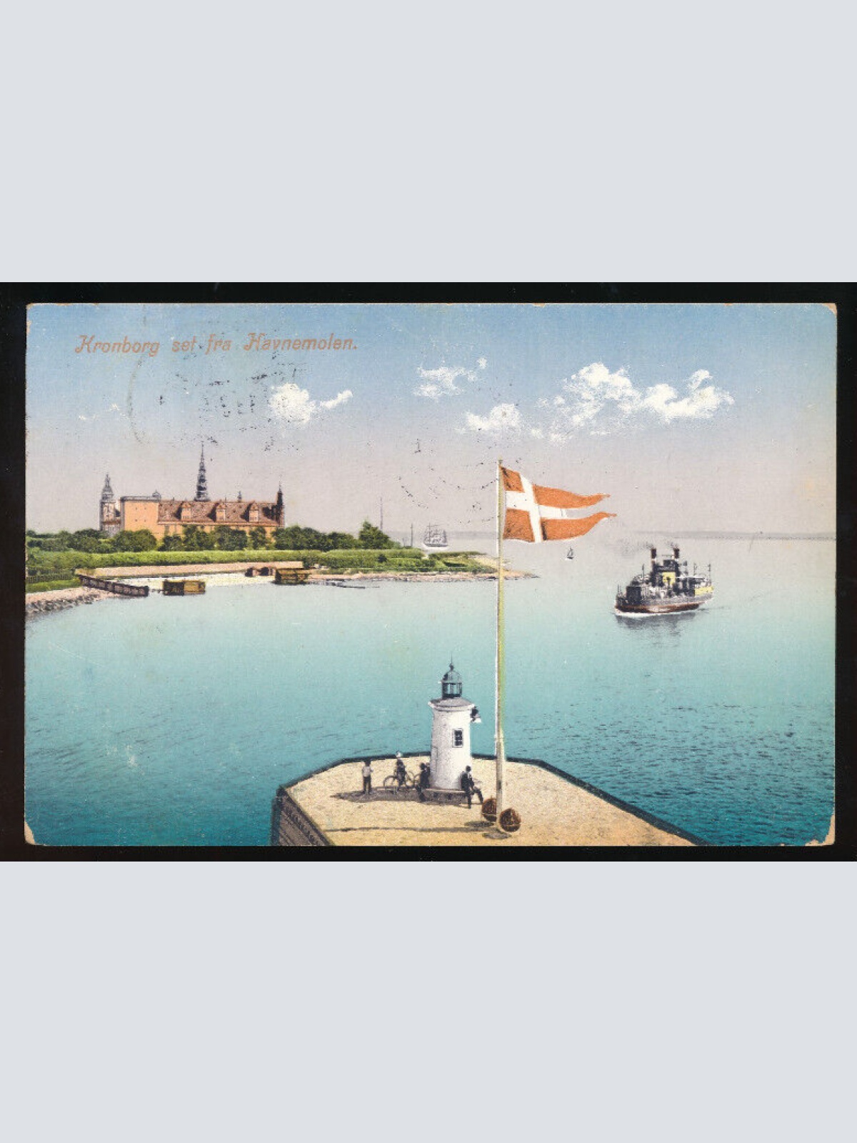AK aus Kronborg mit Dampfer und Flagge Dänemark (694)