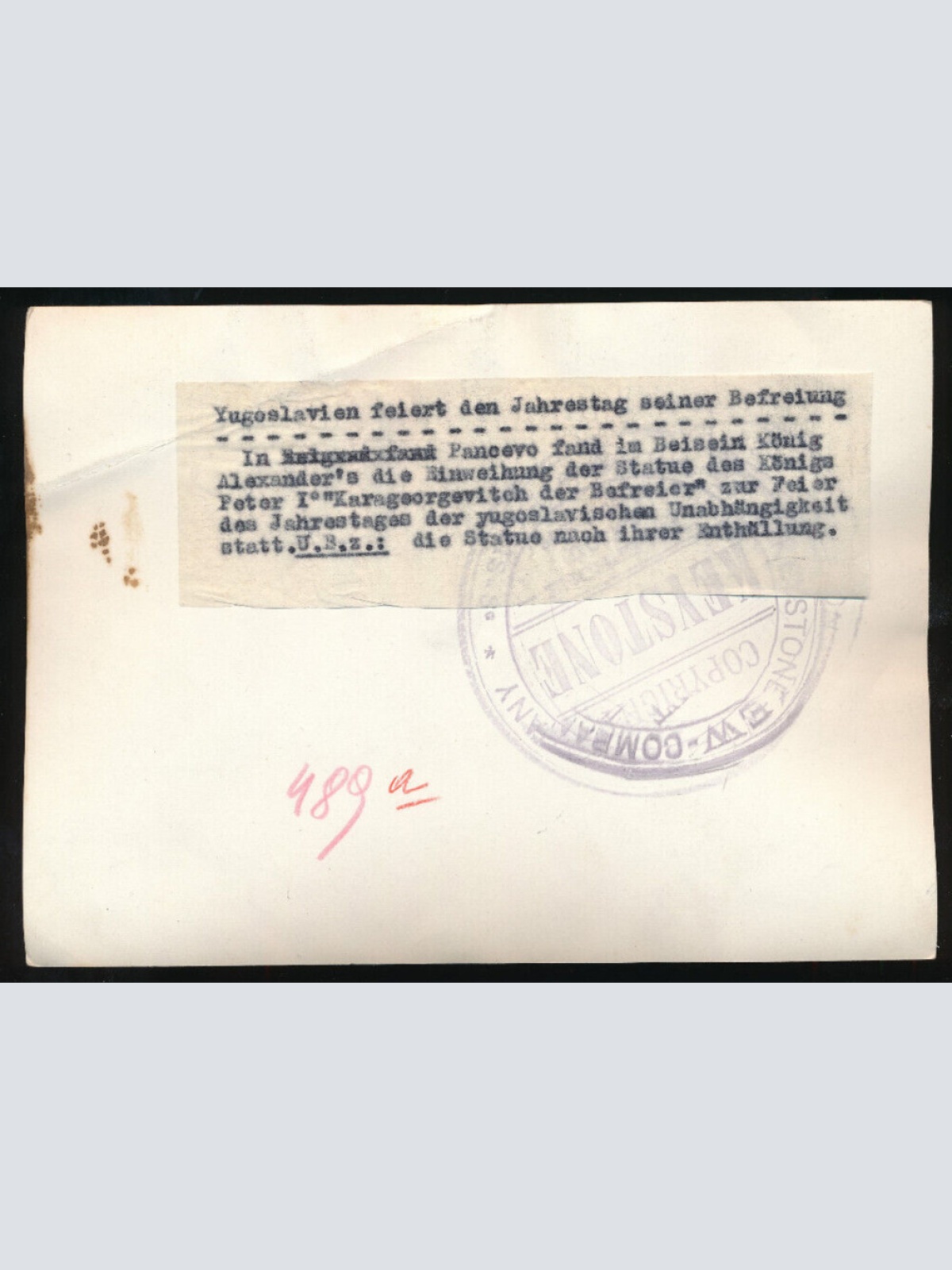 Pressefoto, aus Pencevo Einweihung der Staute des Königs Peter des 1. ... (P5)