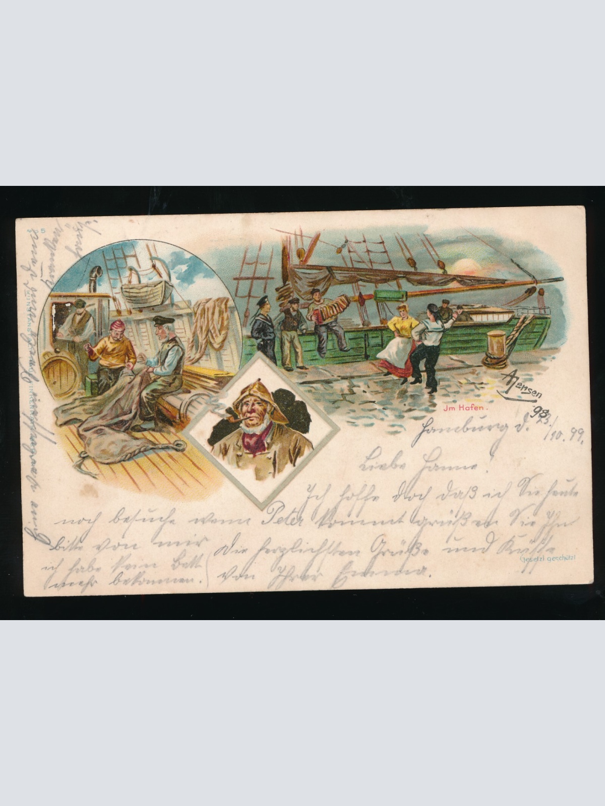 Litho-Karte aus Hamburg am Schiffsdeck im Hafen Deutschland (537)