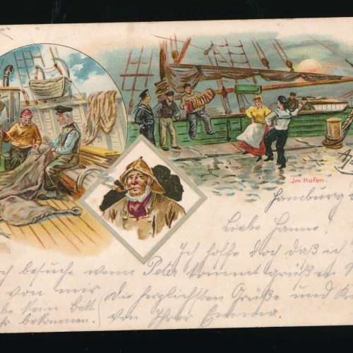 Litho-Karte aus Hamburg am Schiffsdeck im Hafen Deutschland (537)