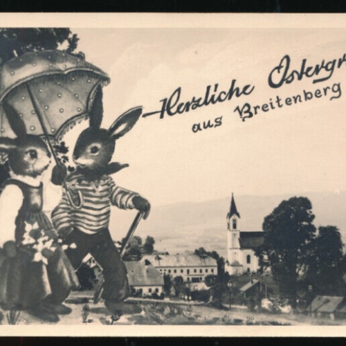AK aus Breitenberg Herzliche Ostergrüsse mit zwei Hasen Bayern (1392)