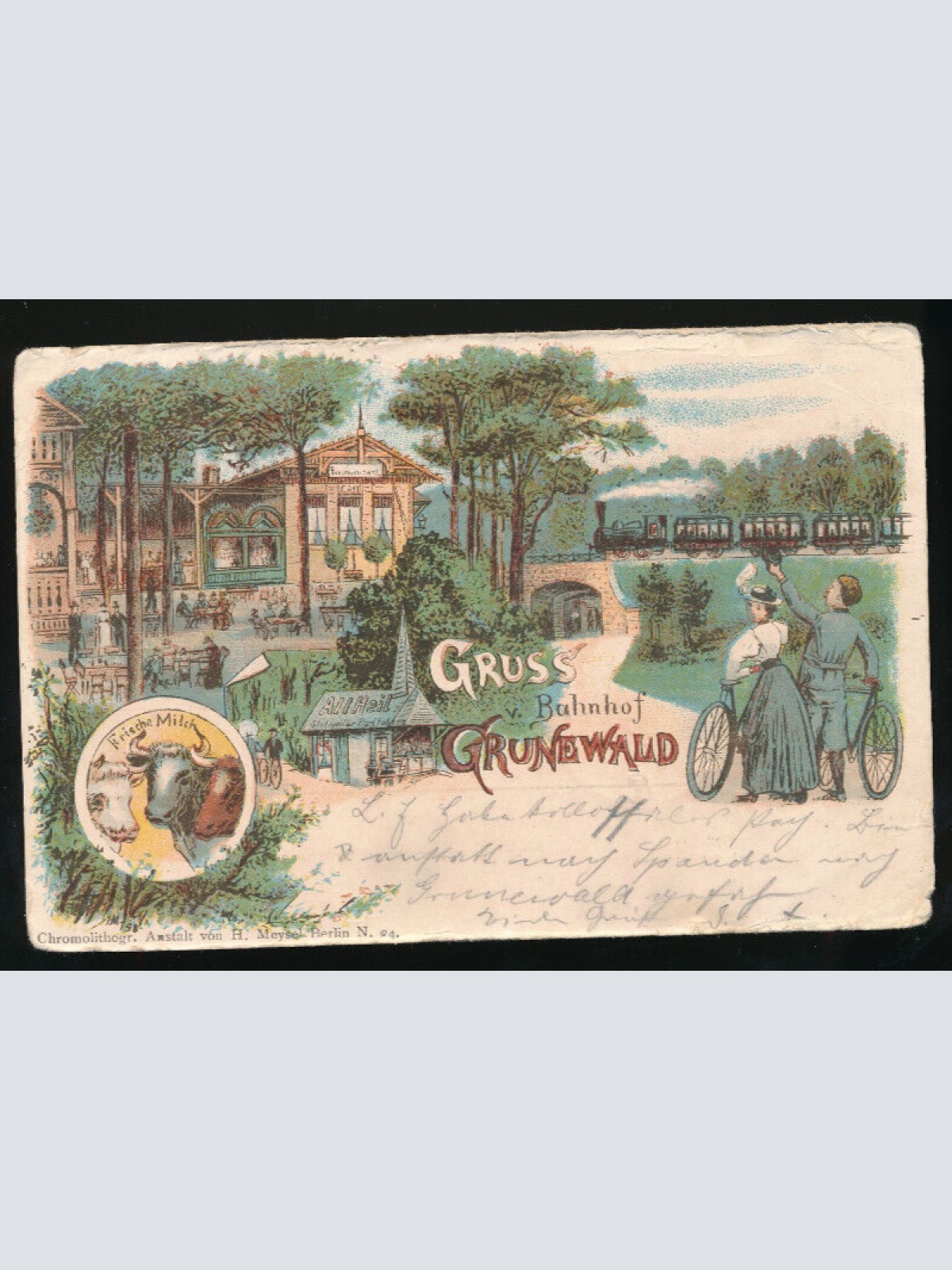 Litho-Karte gruss vom Bahnhof Grünwald - Grunewald Bayern (1932)