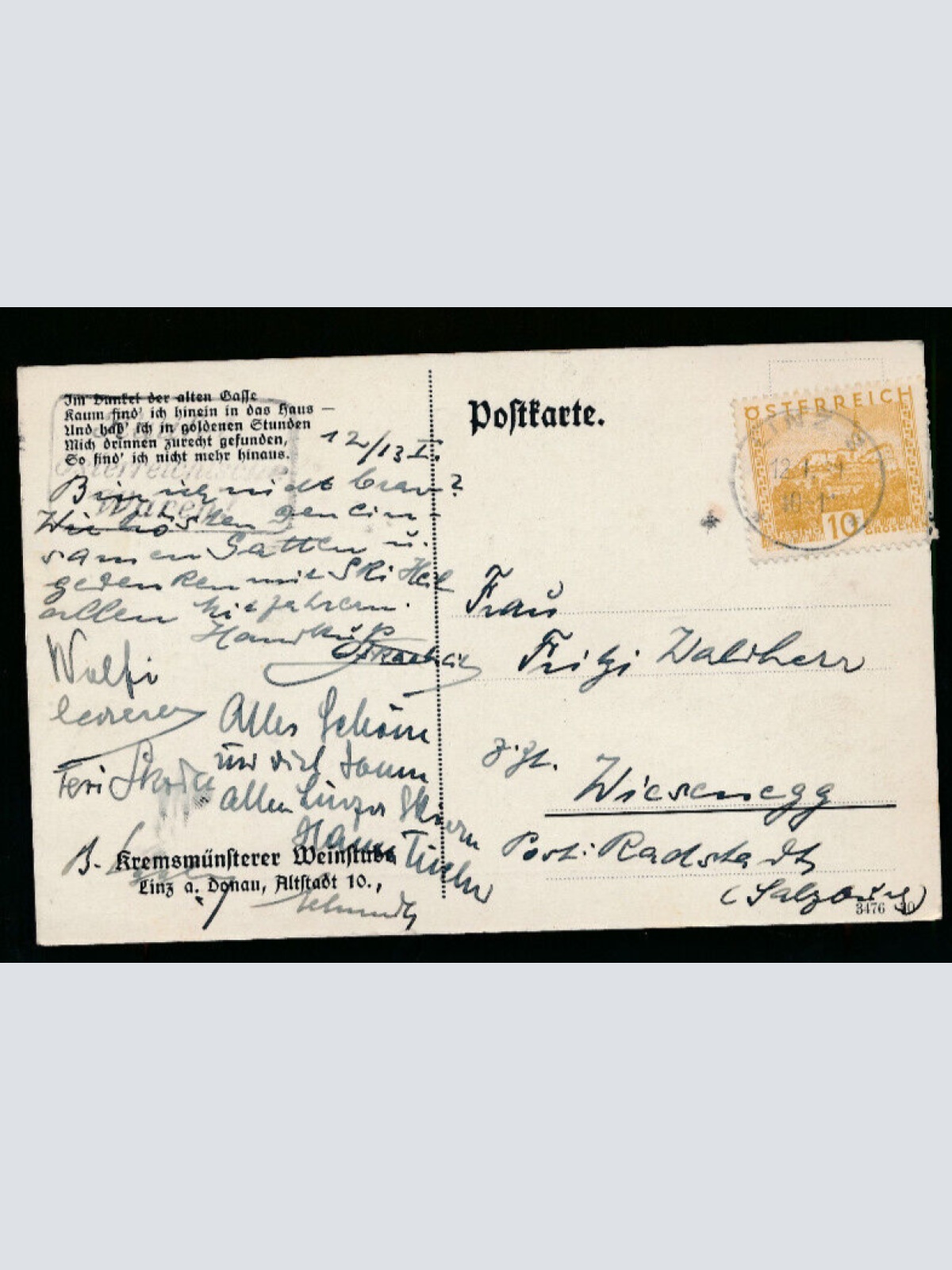 AK aus Linz Kremsmünsterer Weinstube Oberösterreich (1942)