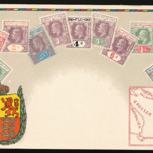 AK mit Marken und Wappen Fidschi - Fiji (1890)