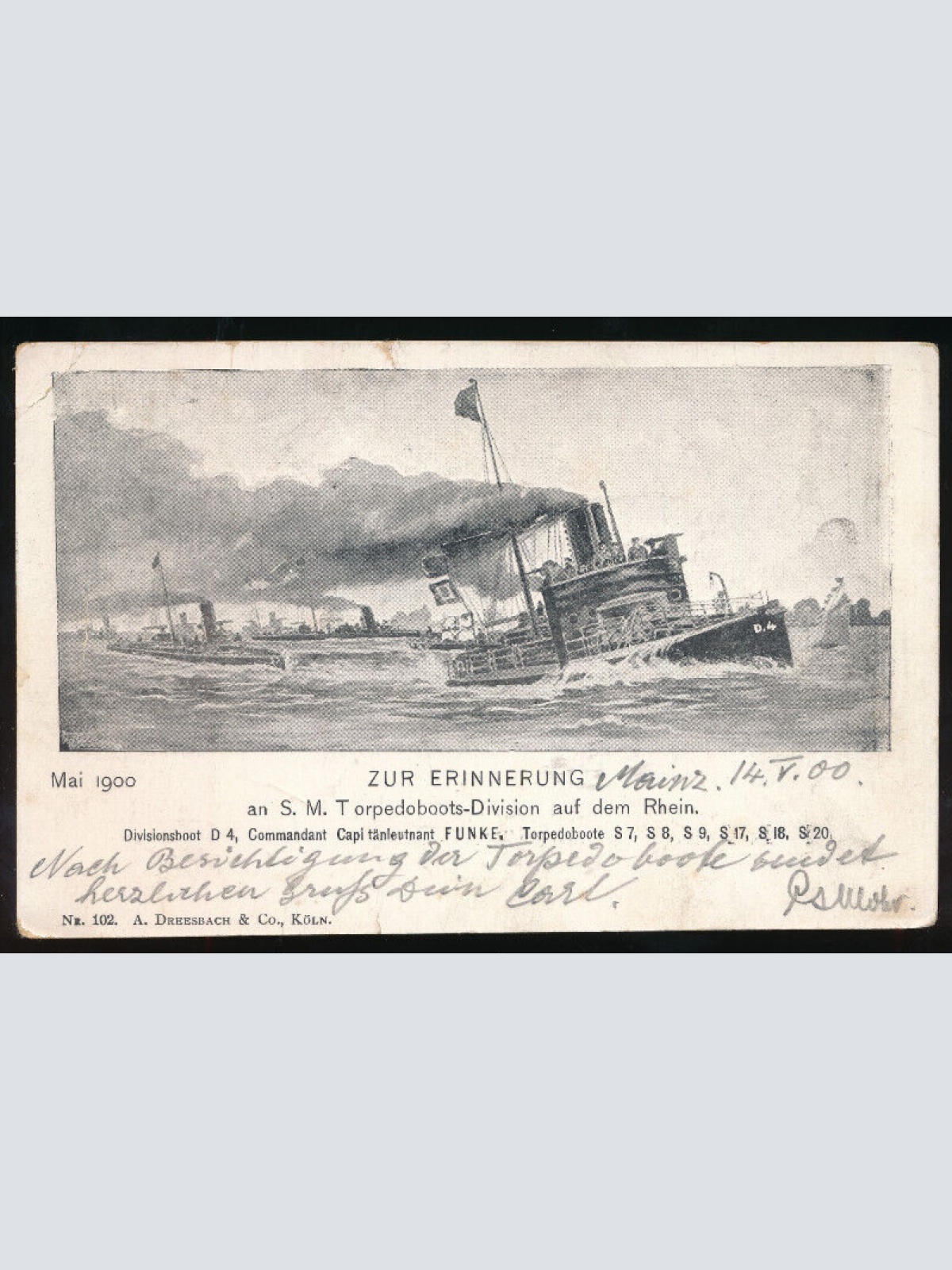 AK zur Erinnerung an das S.M. Torpedoboots-Division auf dem Rhein (1920)