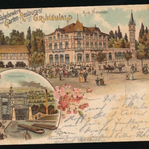 Litho-Karte gruss Grunewald Schiffshebewerk und Garten Restaurant Berlin (2148)