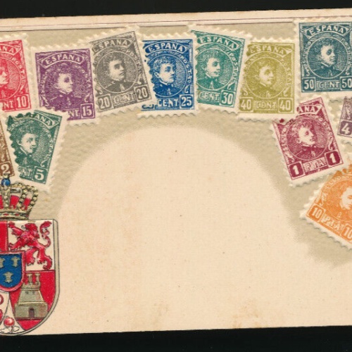 Präge-Litho-Karte Spanien mit Wappen und Marken (2750)