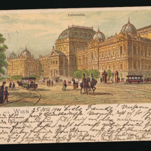Litho-Karte aus Wien Universität mit Pferdeeisenbahn (2939)