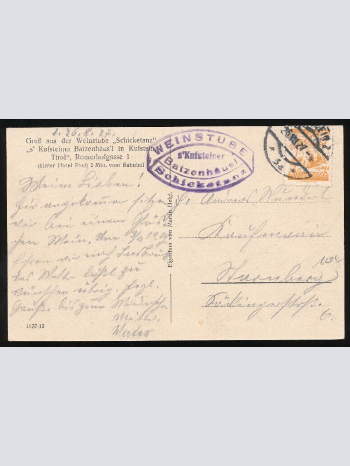 AK aus Kufstein gruss aus der Weinstube Schicketanz Tirol (2909)