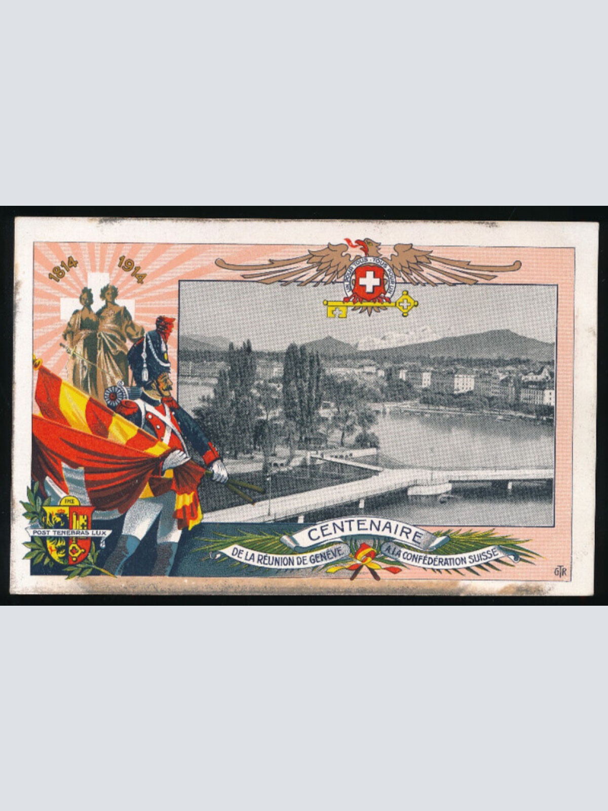 AK aus Genf - Geneve Centenaire mit Soldat und Flaggen Schweiz (3622)