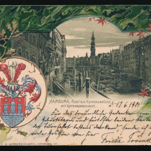 Präge - Karte aus Hamburg Reimersbrücke mit Katharinenkirche (3549)