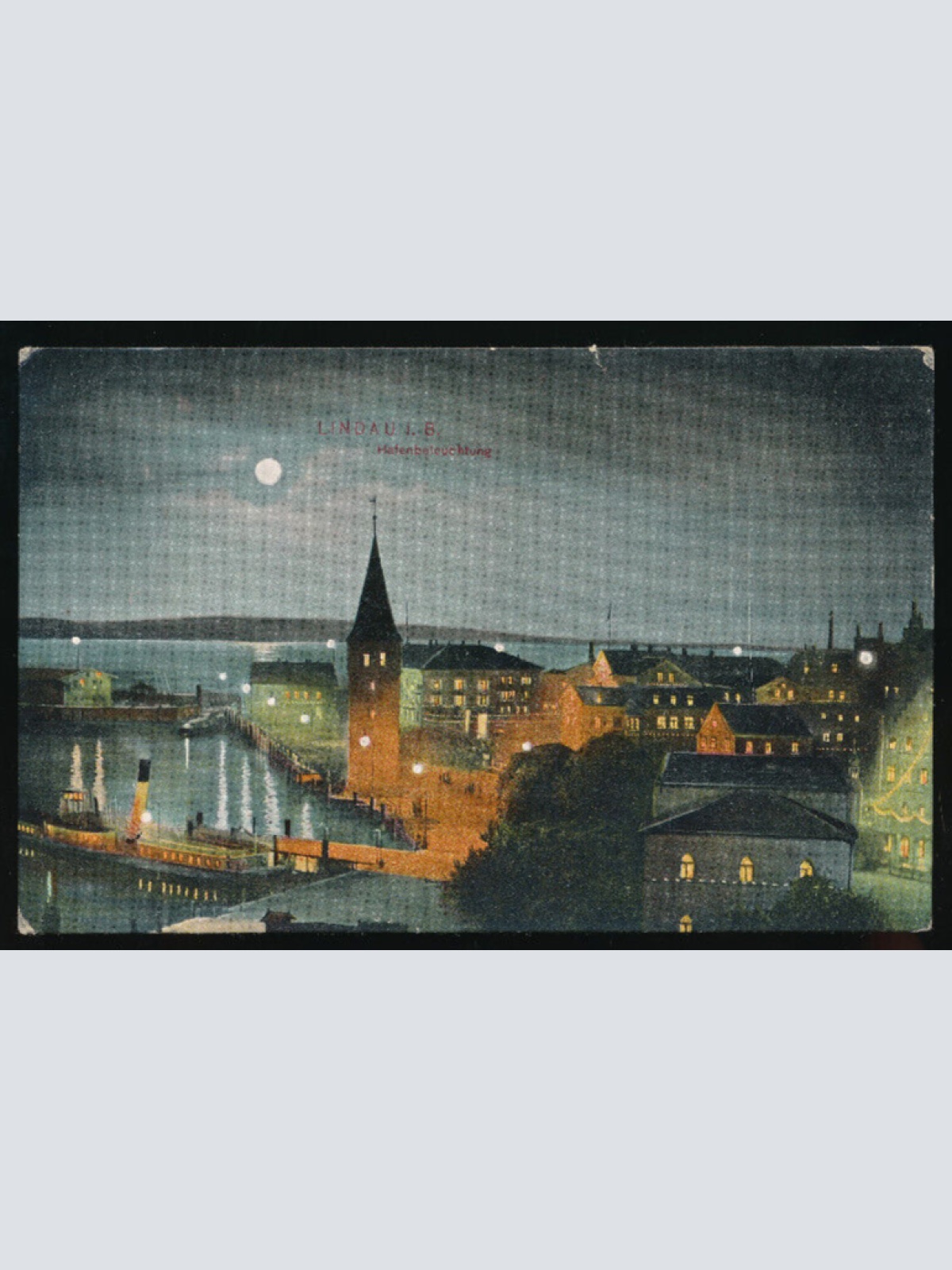 AK aus Lindau mit Dampfer Hafenbeleuchtung bei Nacht Bayern (3889)