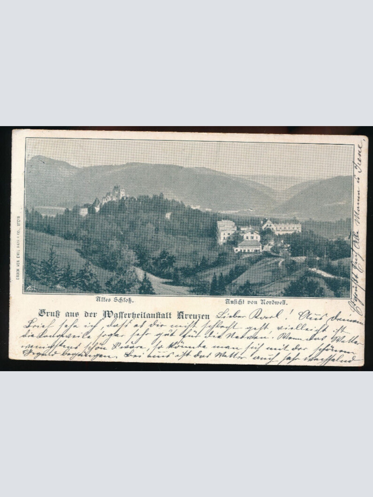 AK gruß aus der Wasserheilanstalt Kreuzen mit Altem Schloß Oberösterreich (4750)